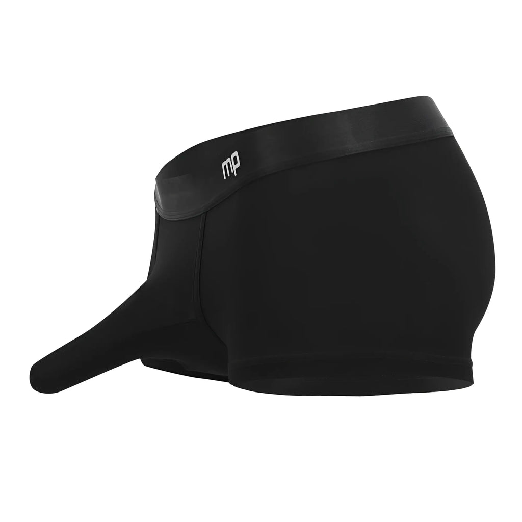 Black men’s boxer briefs black with elongated pouch and smooth elastic waistband featuring mp logo male power 129-281 model