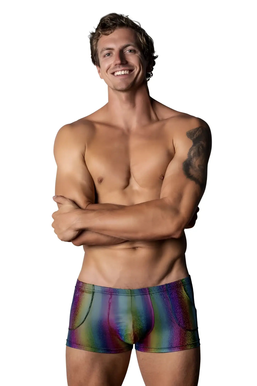 Male Power 132-297 Pack N Play Pocket Short color rainbow shimmering fabric briefs with sleek modern design