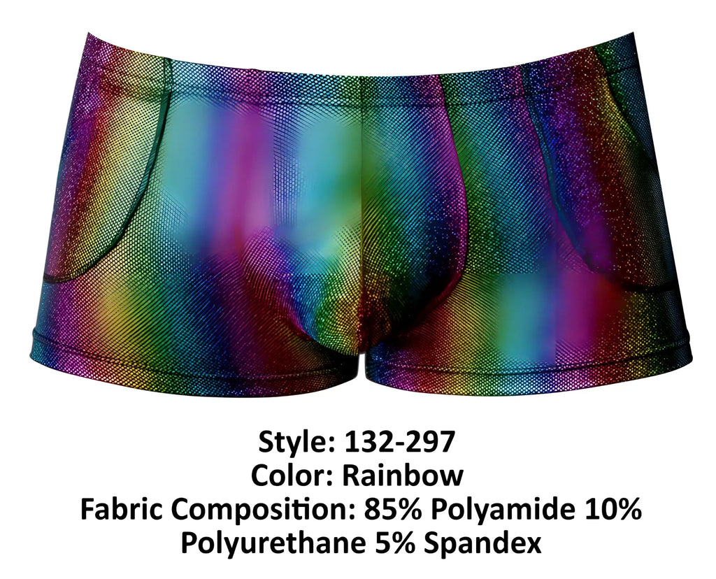 Male power 132-297 rainbow men’s briefs with glitter pattern mesh texture and elastic waistband front view