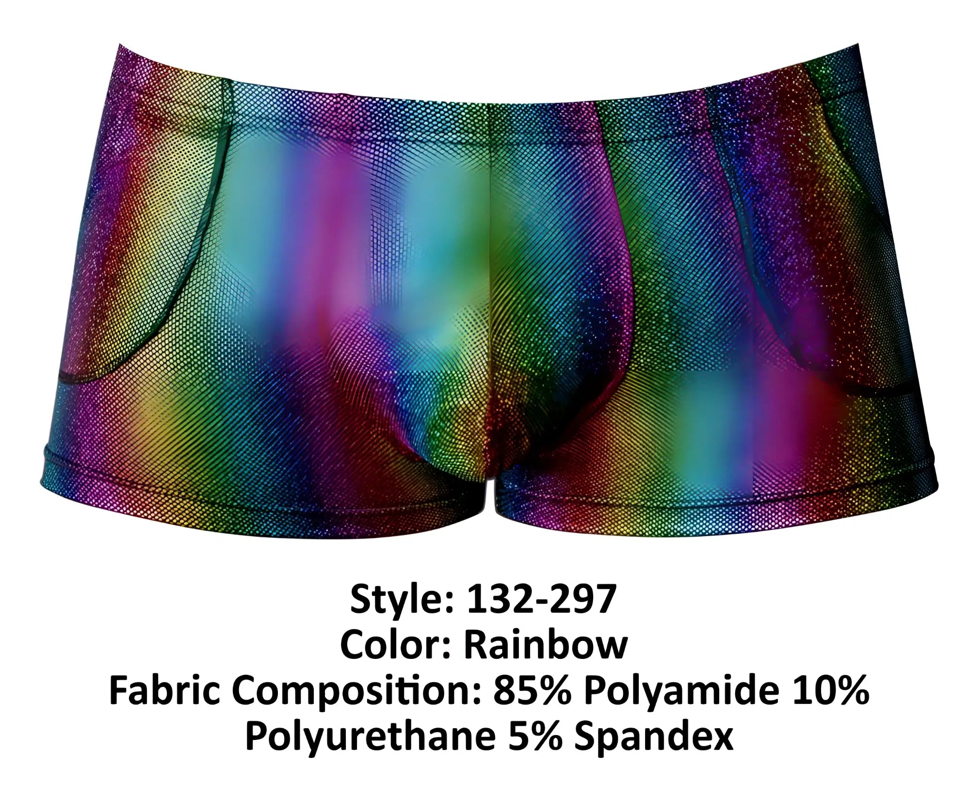 Male power 132-297 rainbow men’s briefs with glitter pattern mesh texture and elastic waistband front view