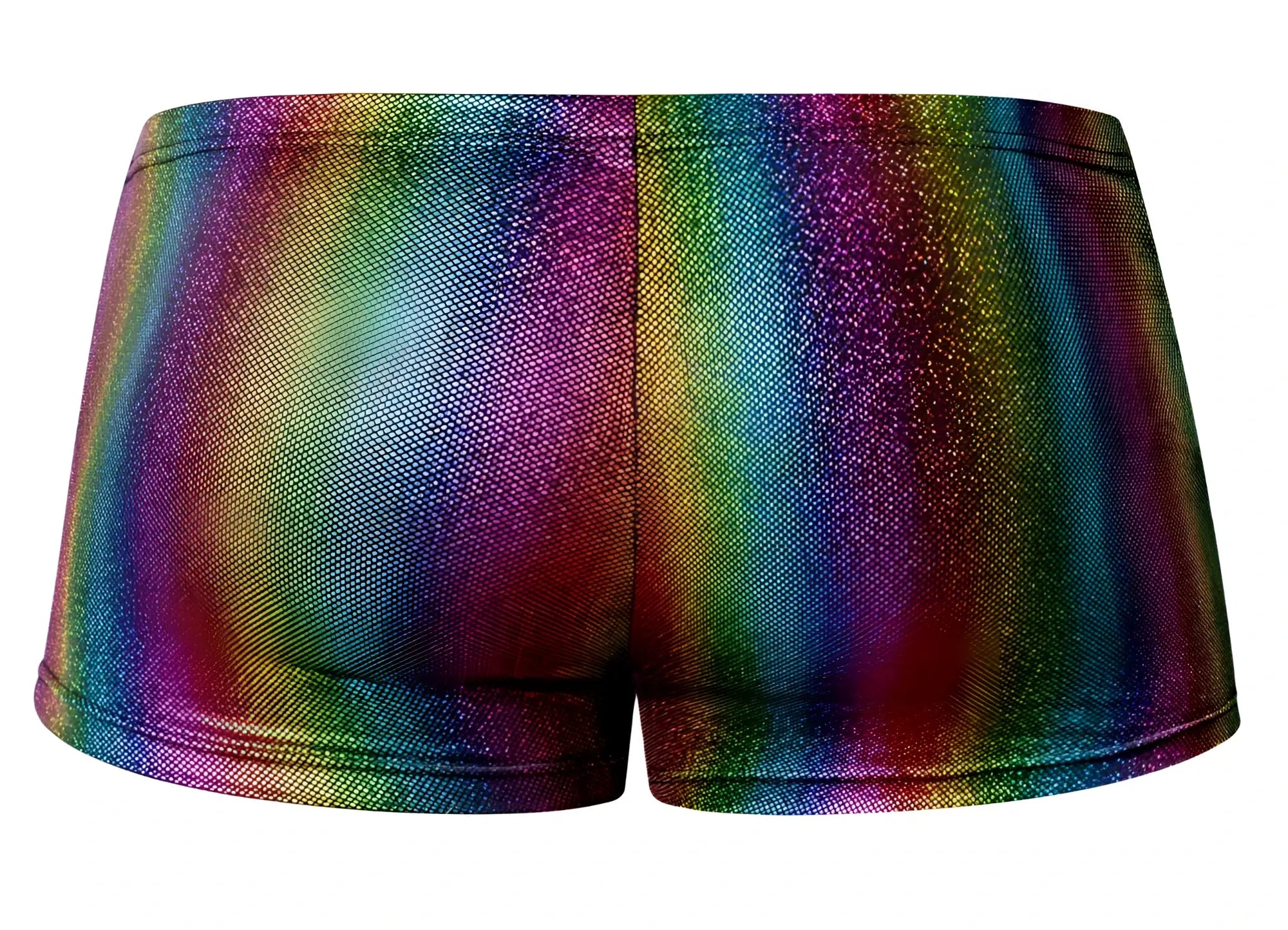 Male power 132-297 pack n play pocket short in rainbow color with shimmering iridescent glitter fabric
