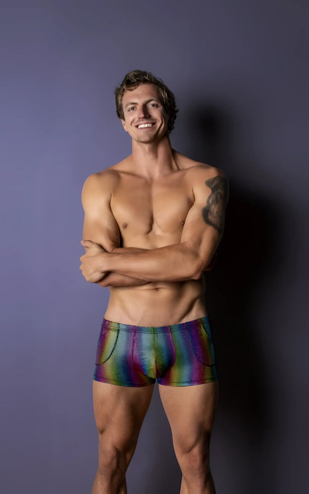 Male power 132-297 pack n play pocket short rainbow briefs made of iridescent fabric with a sleek modern design