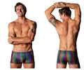 Male Power 132-297 rainbow-striped iridescent men’s briefs with sleek modern design and pack n play pocket feature