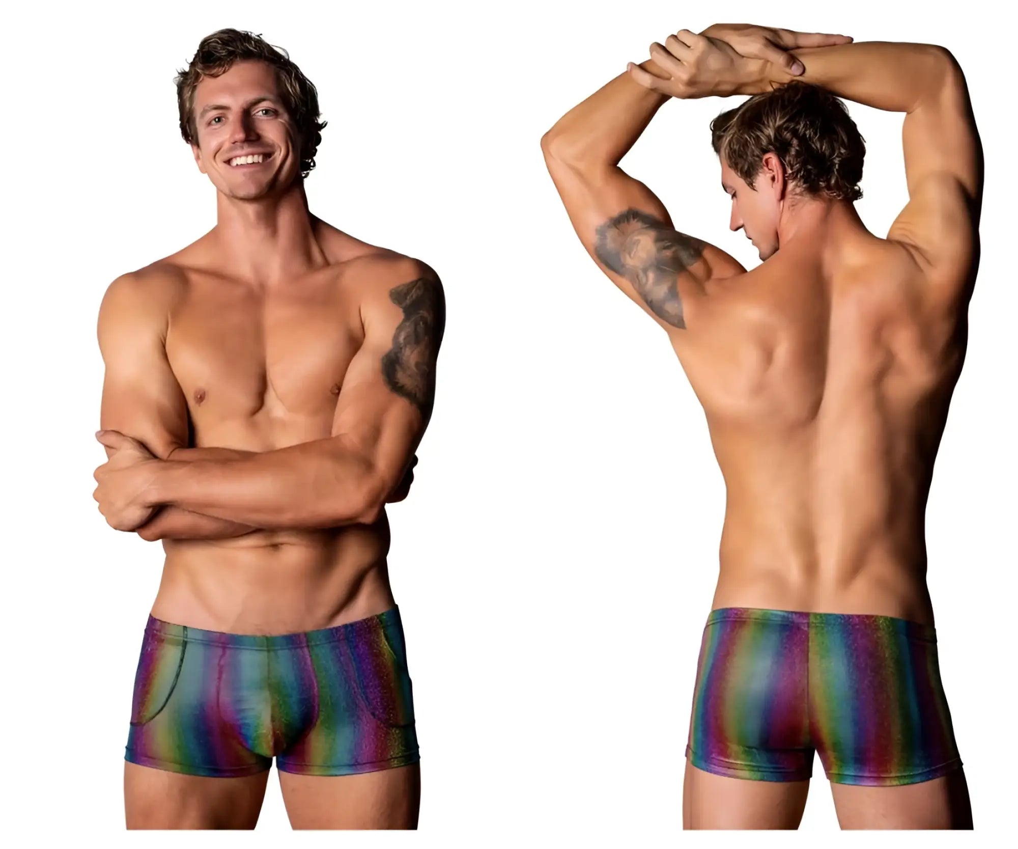 Male Power 132-297 rainbow-striped iridescent men’s briefs with sleek modern design and pack n play pocket feature