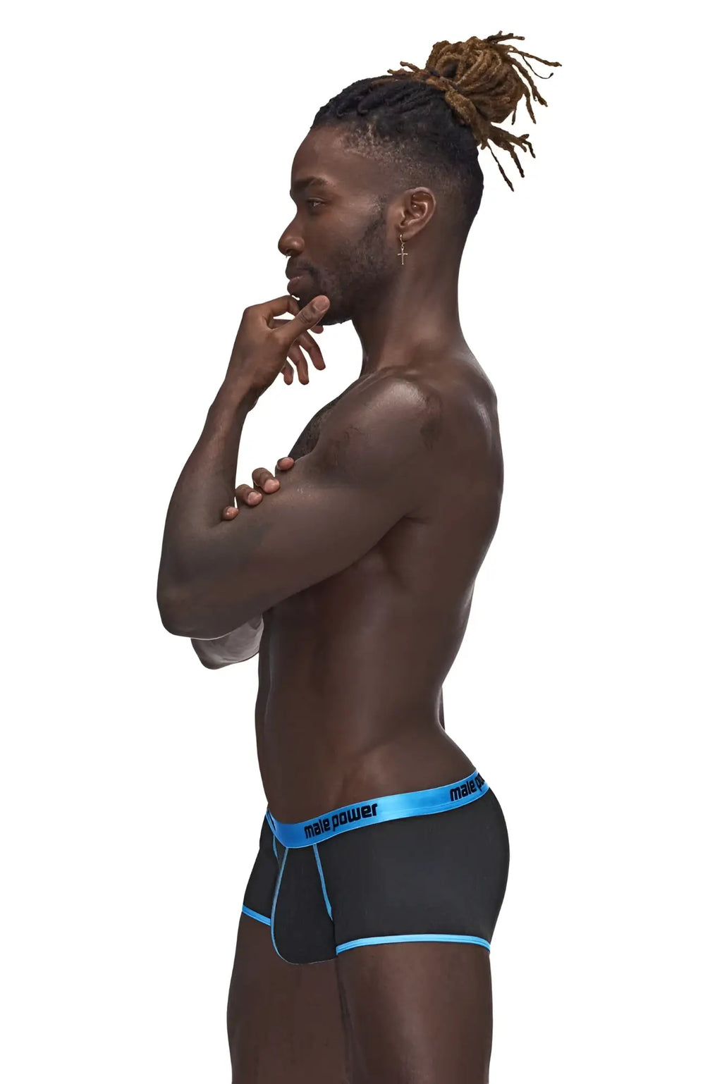 Black men’s briefs with blue trim and male power branding in male power 143-270 casanova uplift mini short black