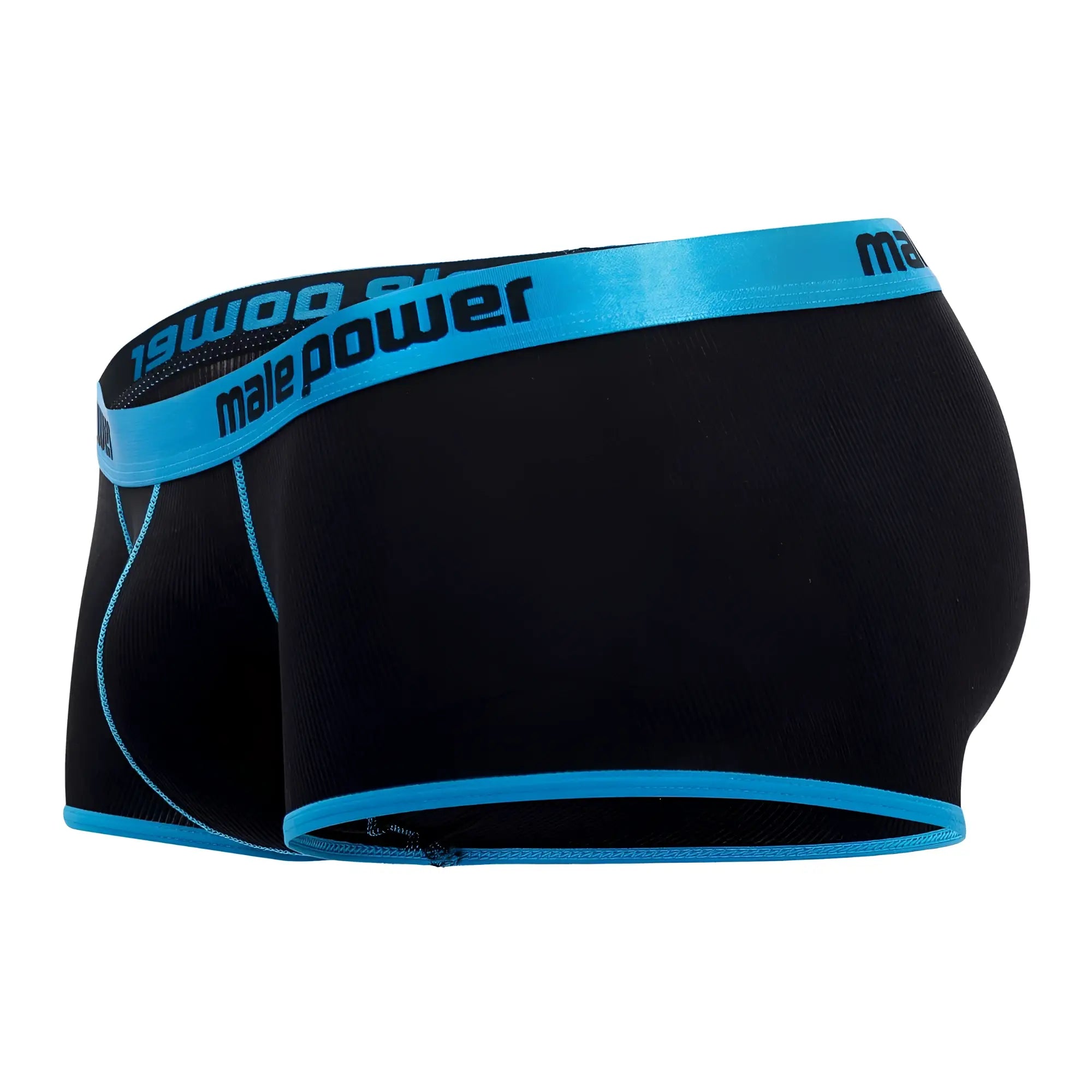 Black male power 143-270 casanova uplift mini short briefs with bright blue waistband and male power logo