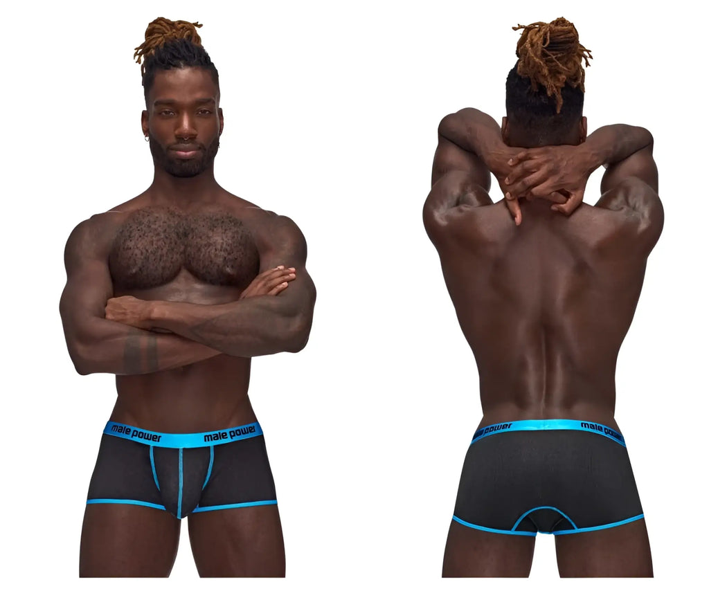 Male Power 143-270 Casanova uplift black men’s briefs with bright blue trim and male power branding