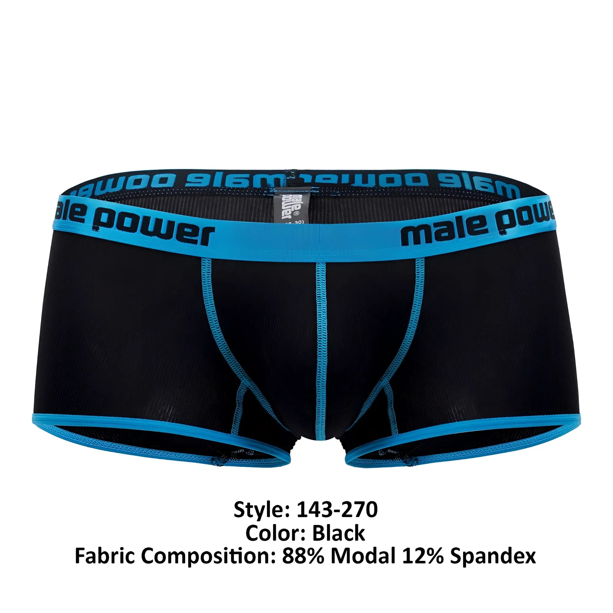 Black male power 143-270 casanova uplift mini short briefs with bright blue trim and logo waistband