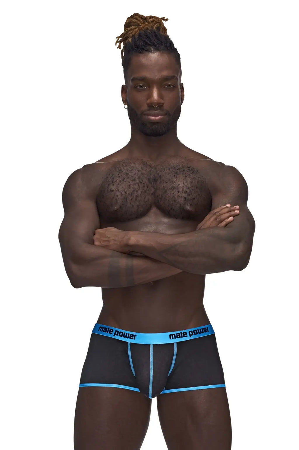 Black male power mesh briefs with bright blue trim and uplift design in a mini short style for men