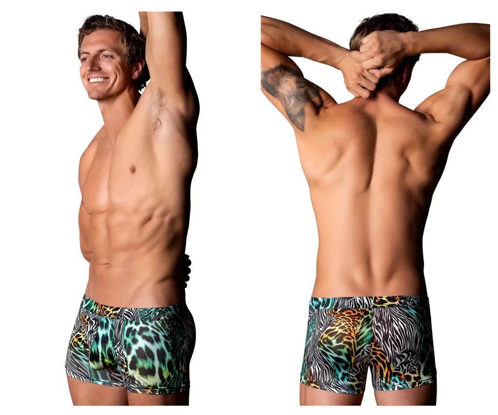 Men’s boxer briefs by male power with vibrant teal black and gold leopard and zebra print multi-animal design