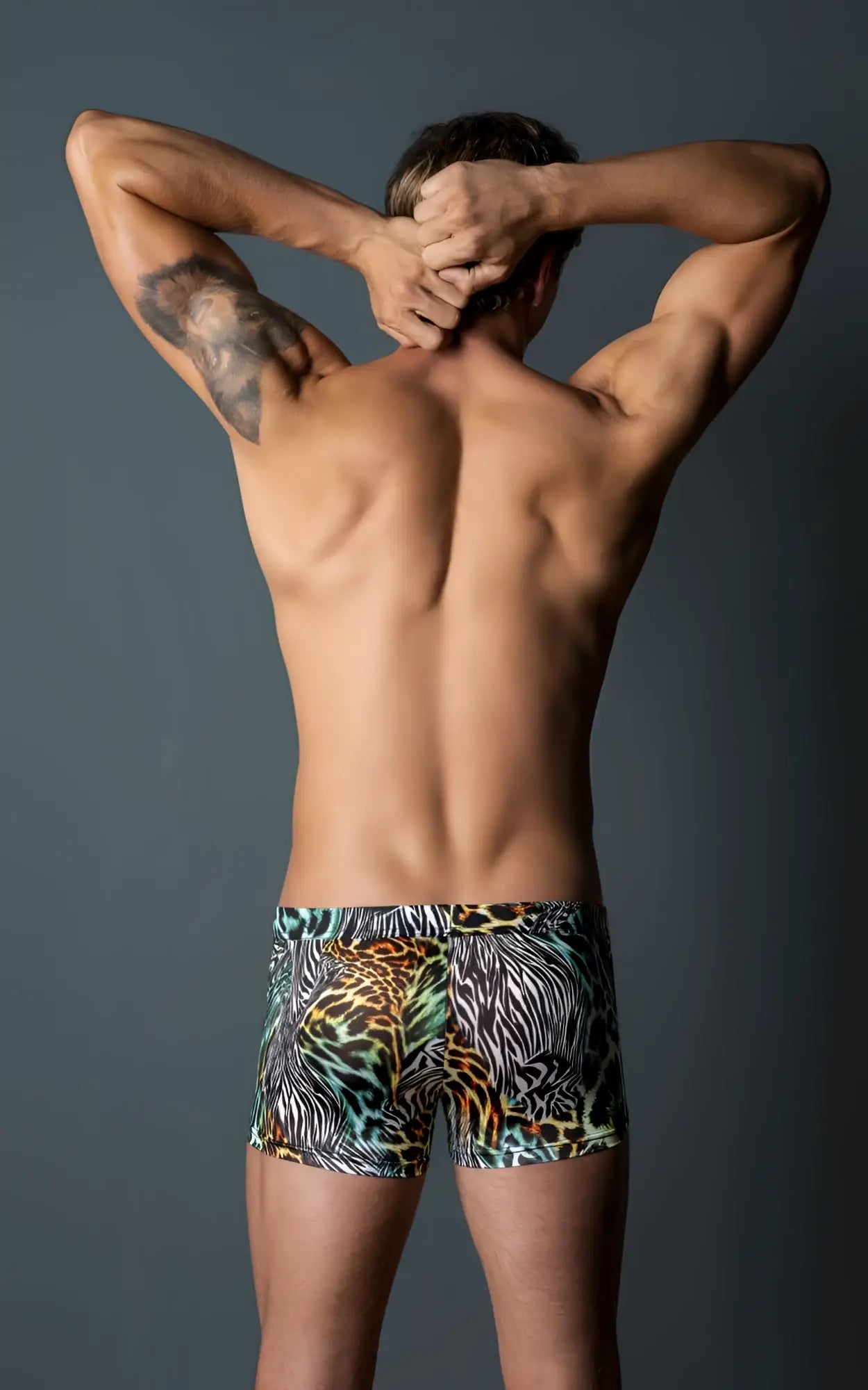 Men’s boxer briefs male power 143-295 go wild uplift mini short in vibrant multi animal print with leopard zebra and tiger patterns