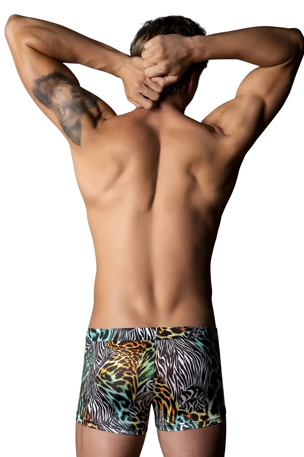 Male Power 143-295 Go Wild uplift mini short men’s boxer briefs with vibrant multi-animal leopard zebra print