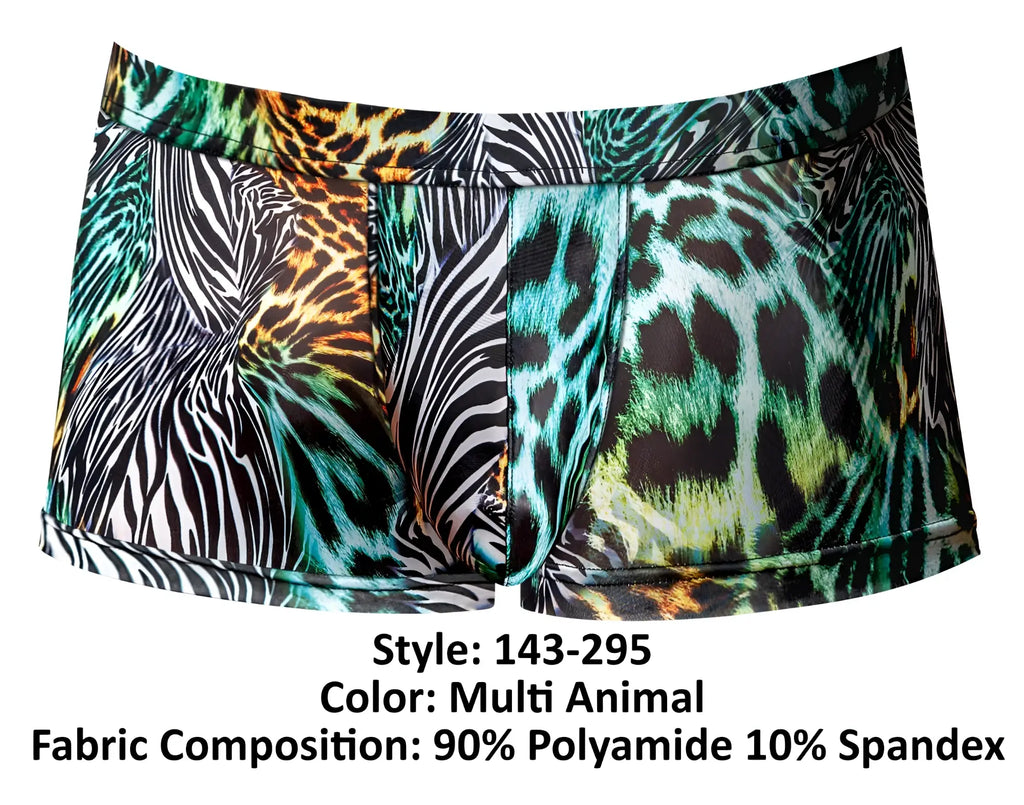 Male power 143-295 go wild uplift mini short men’s briefs in multi animal print on stretchy polyamide-spandex fabric
