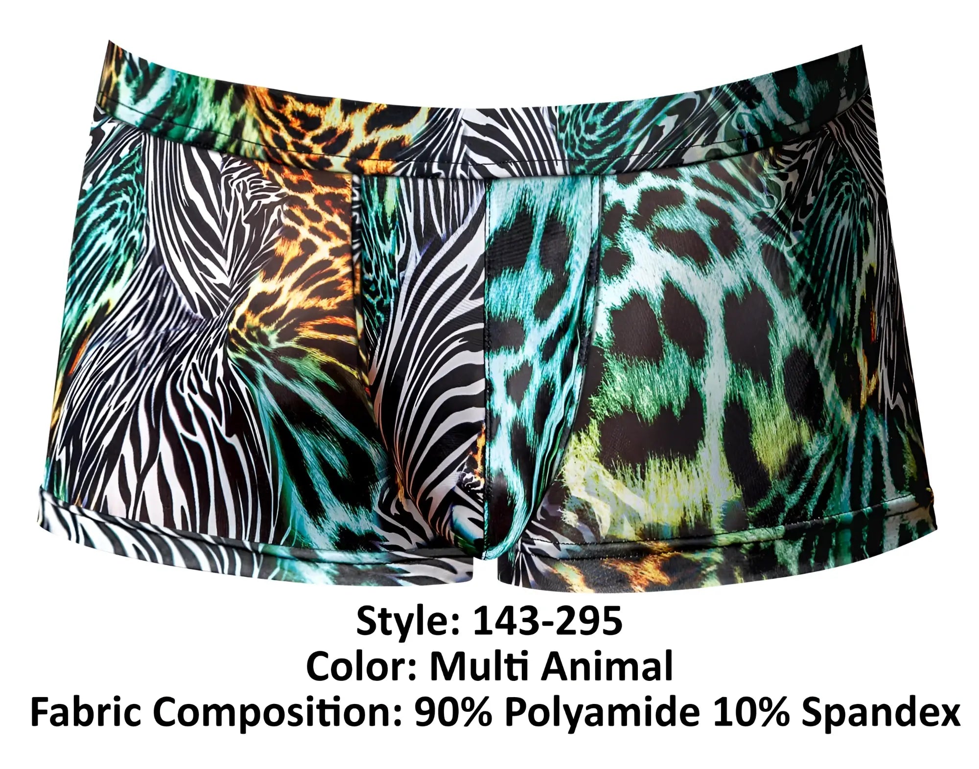 Male power 143-295 go wild uplift mini short men’s briefs in multi animal print on stretchy polyamide-spandex fabric