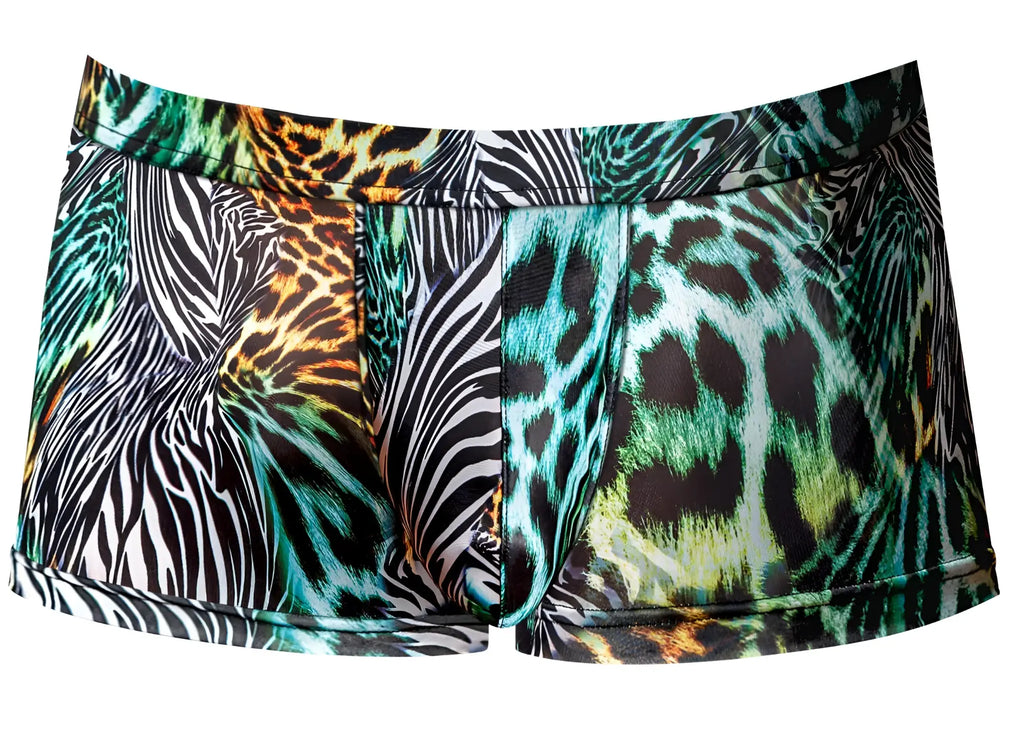 Vibrant male power 143-295 go wild uplift mini short with bold teal black white and orange zebra and leopard prints