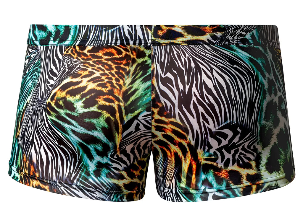 Male power 143-295 go wild uplift mini short swim trunks with vibrant zebra and leopard prints in black white teal orange and brown