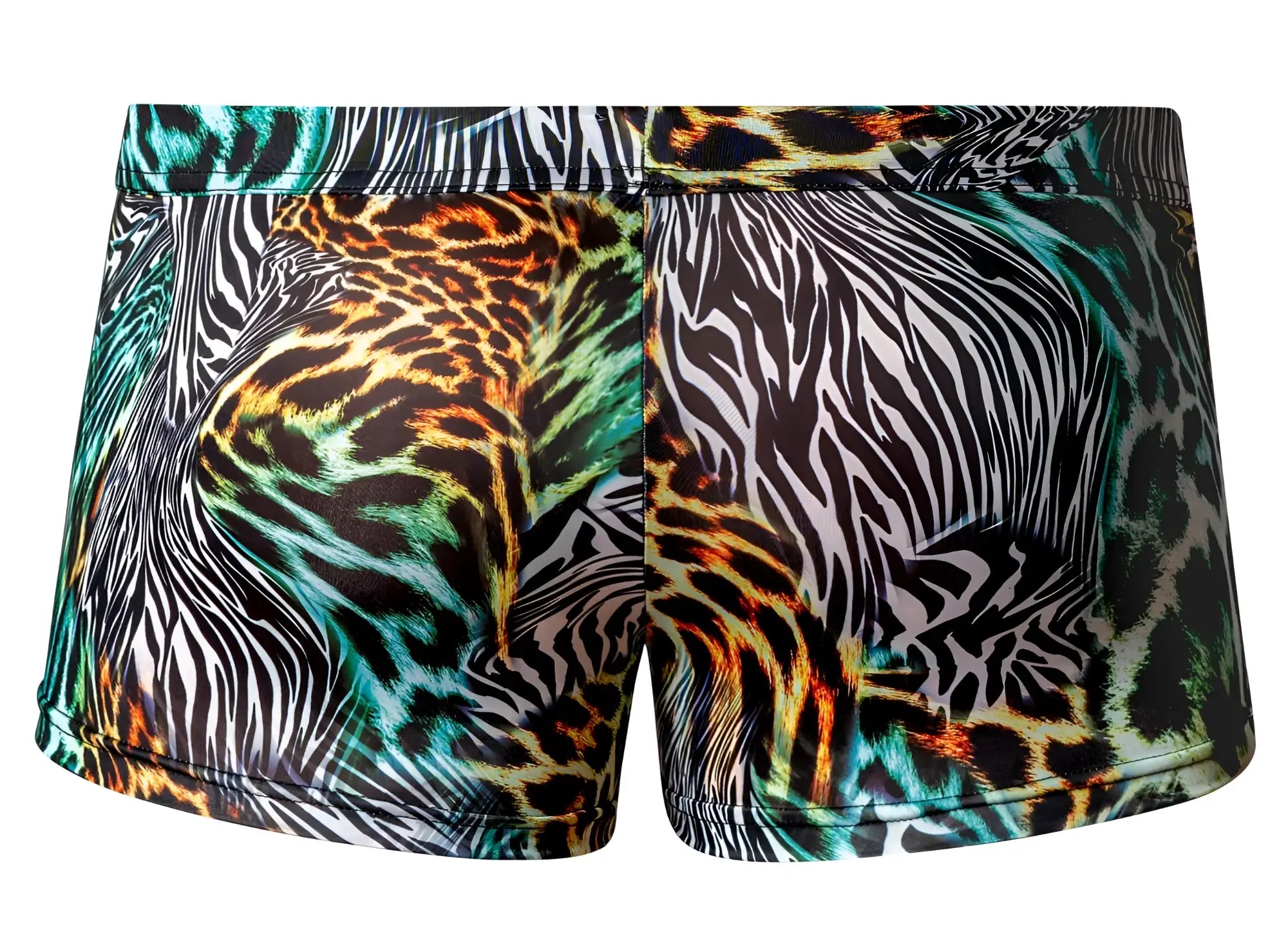 Male power 143-295 go wild uplift mini short swim trunks with vibrant zebra and leopard prints in black white teal orange and brown