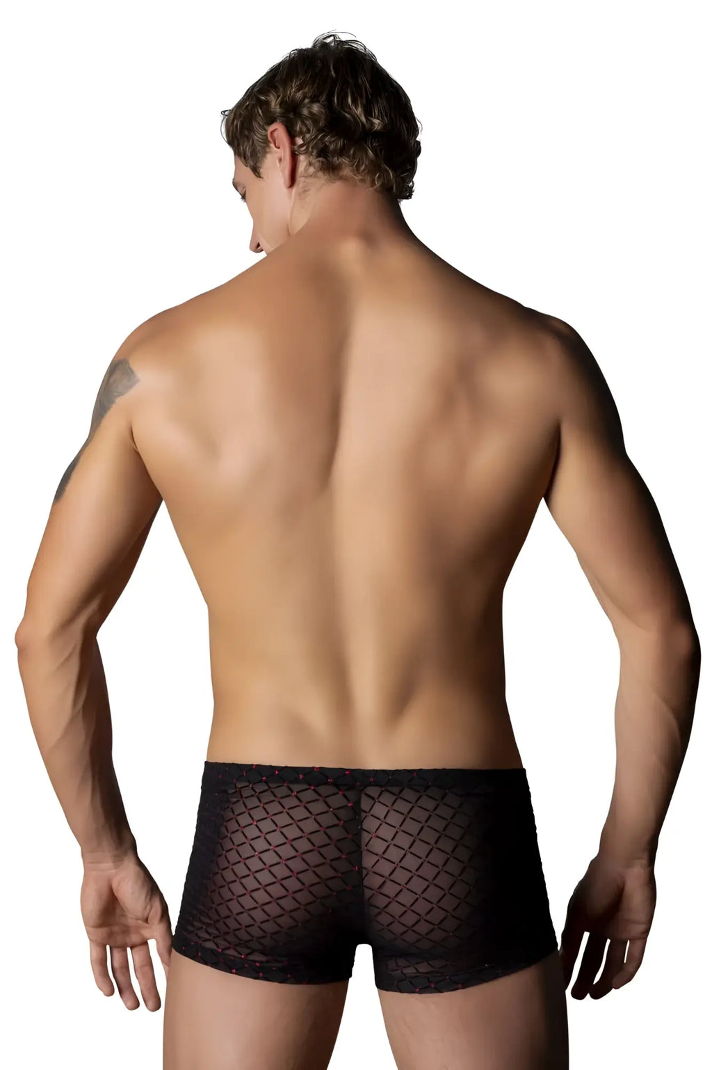 Male power 143-296 widow maker mini pouch short in black fishnet with diamond mesh design boxer briefs