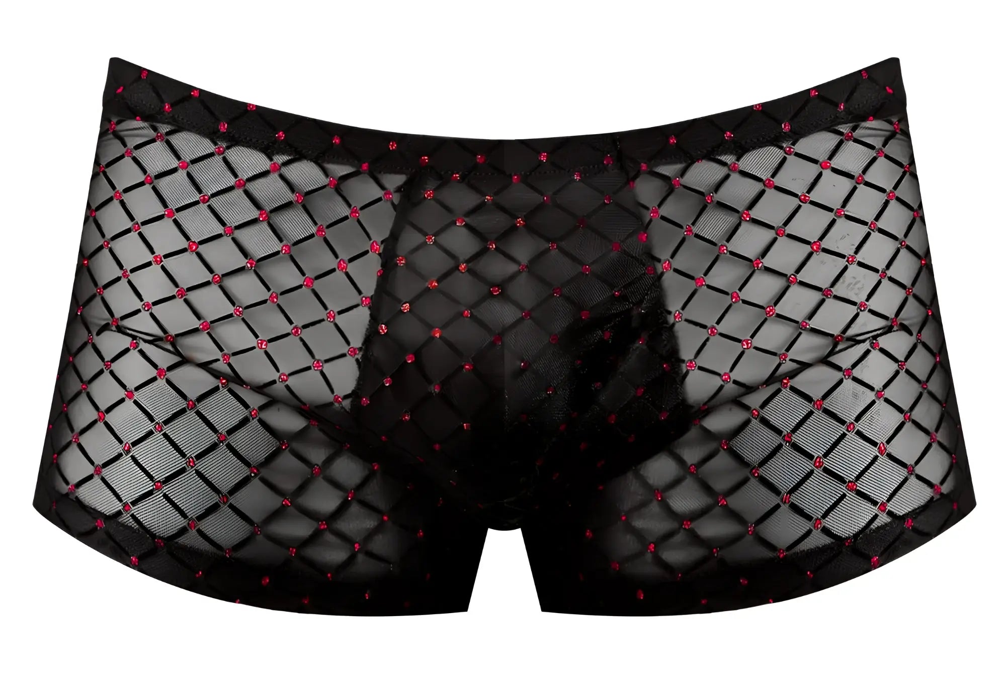 Male power 143-296 widow maker black fishnet briefs with diamond pattern and red rhinestone accents