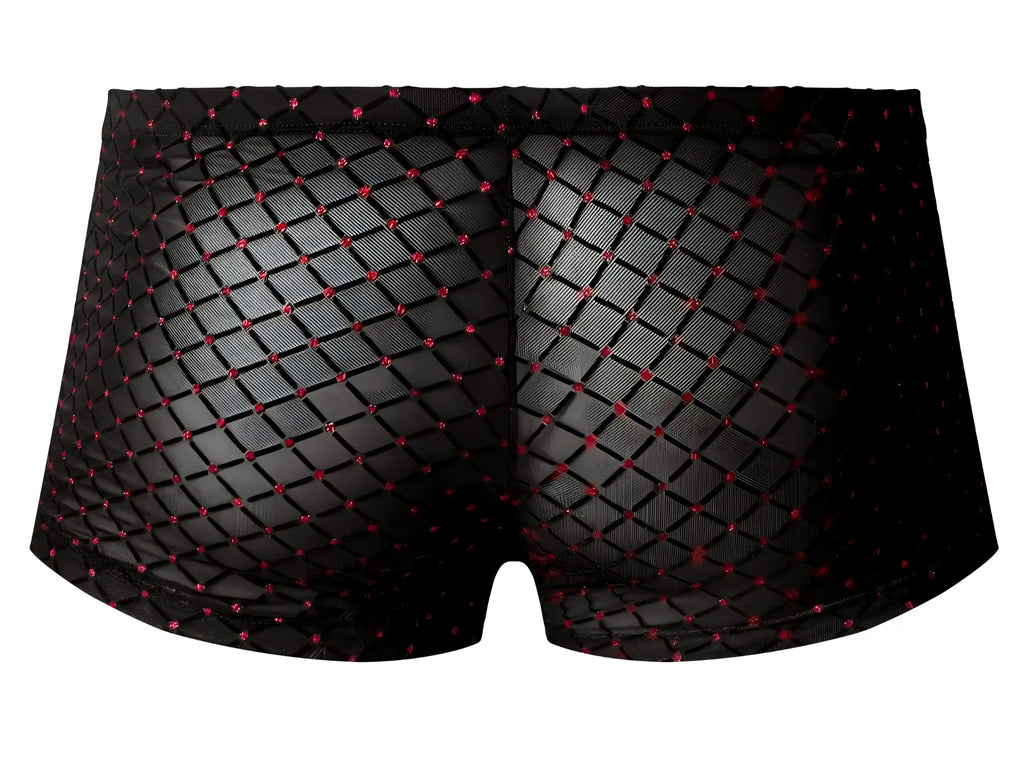 Male power 143-296 widow maker mini pouch short black mesh briefs with diamond pattern and red embellishments