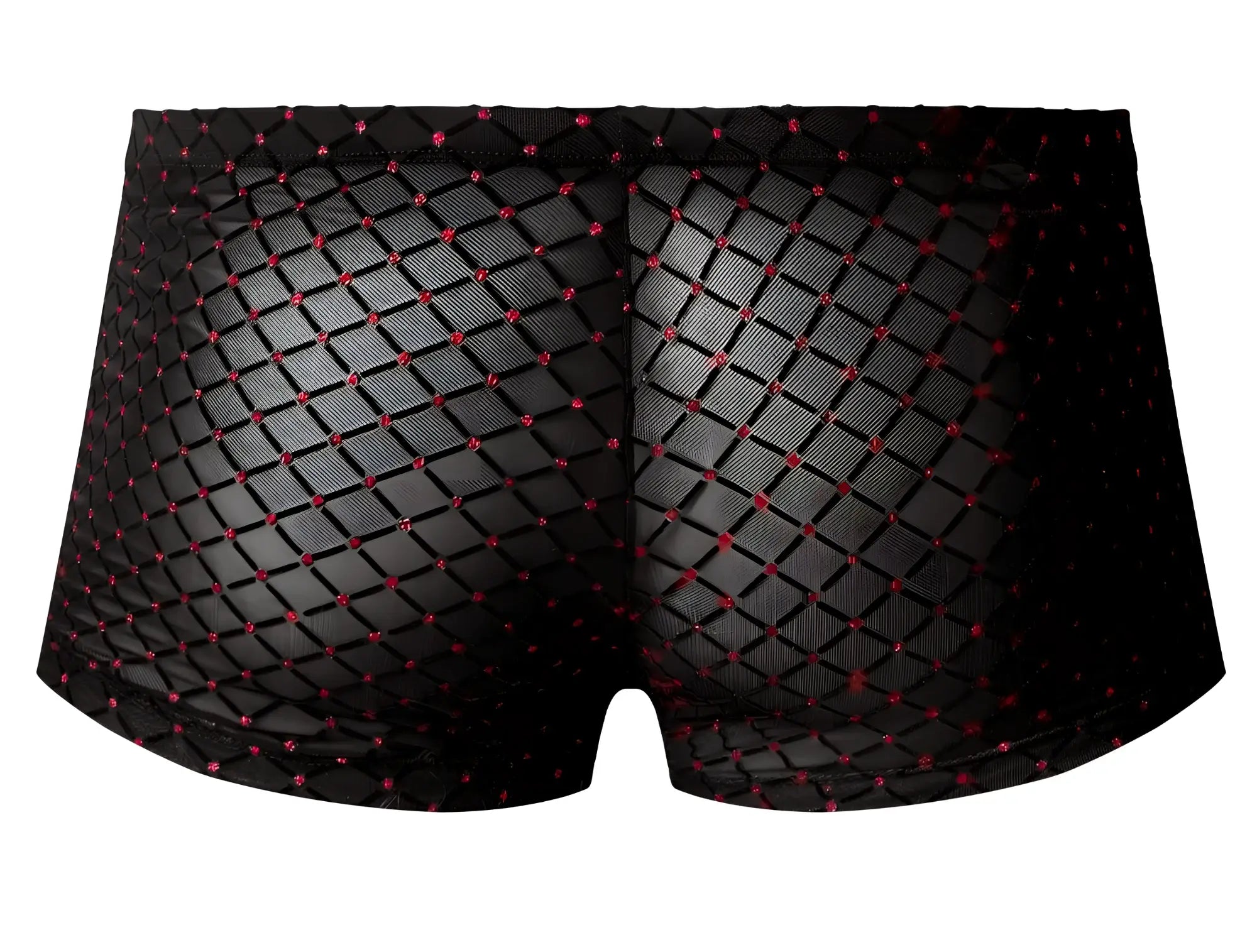 Male power 143-296 widow maker mini pouch short black mesh briefs with diamond pattern and red embellishments