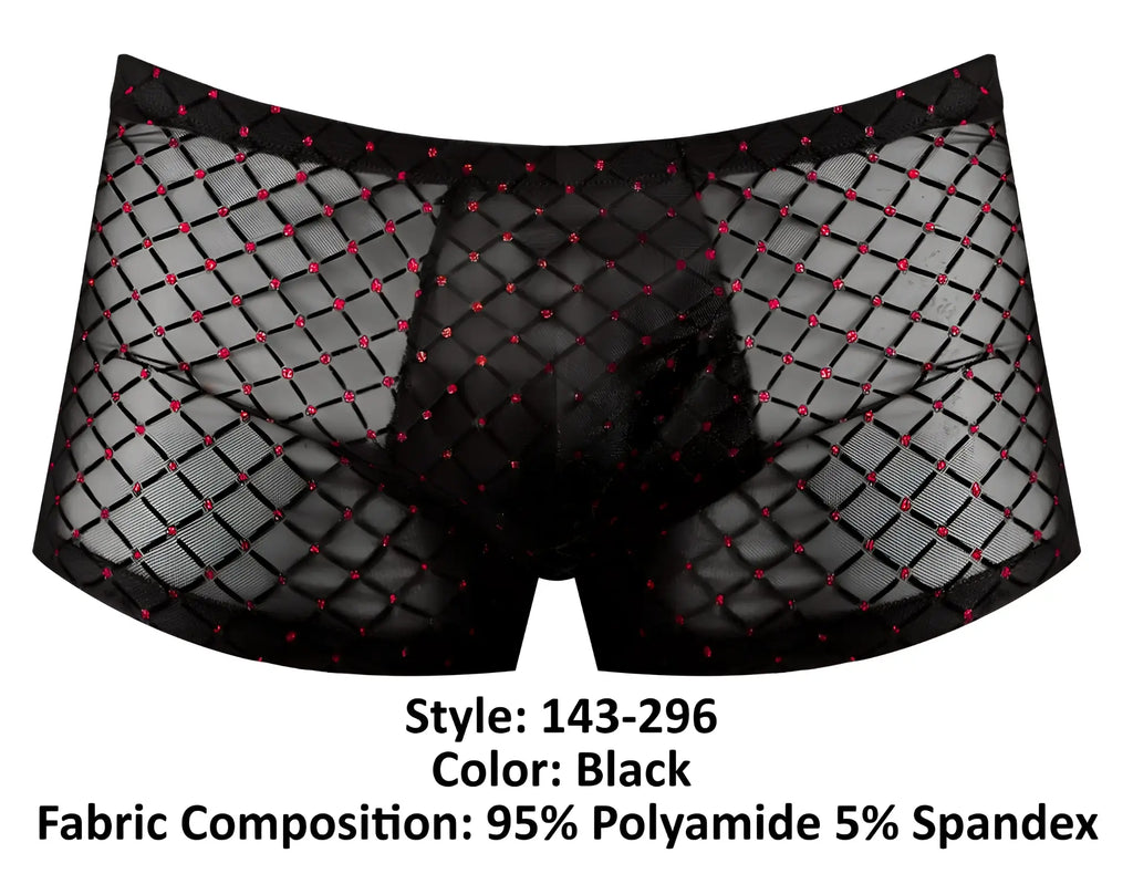 Male power 143-296 widow maker mini pouch short in black mesh with diamond pattern and pink rhinestones