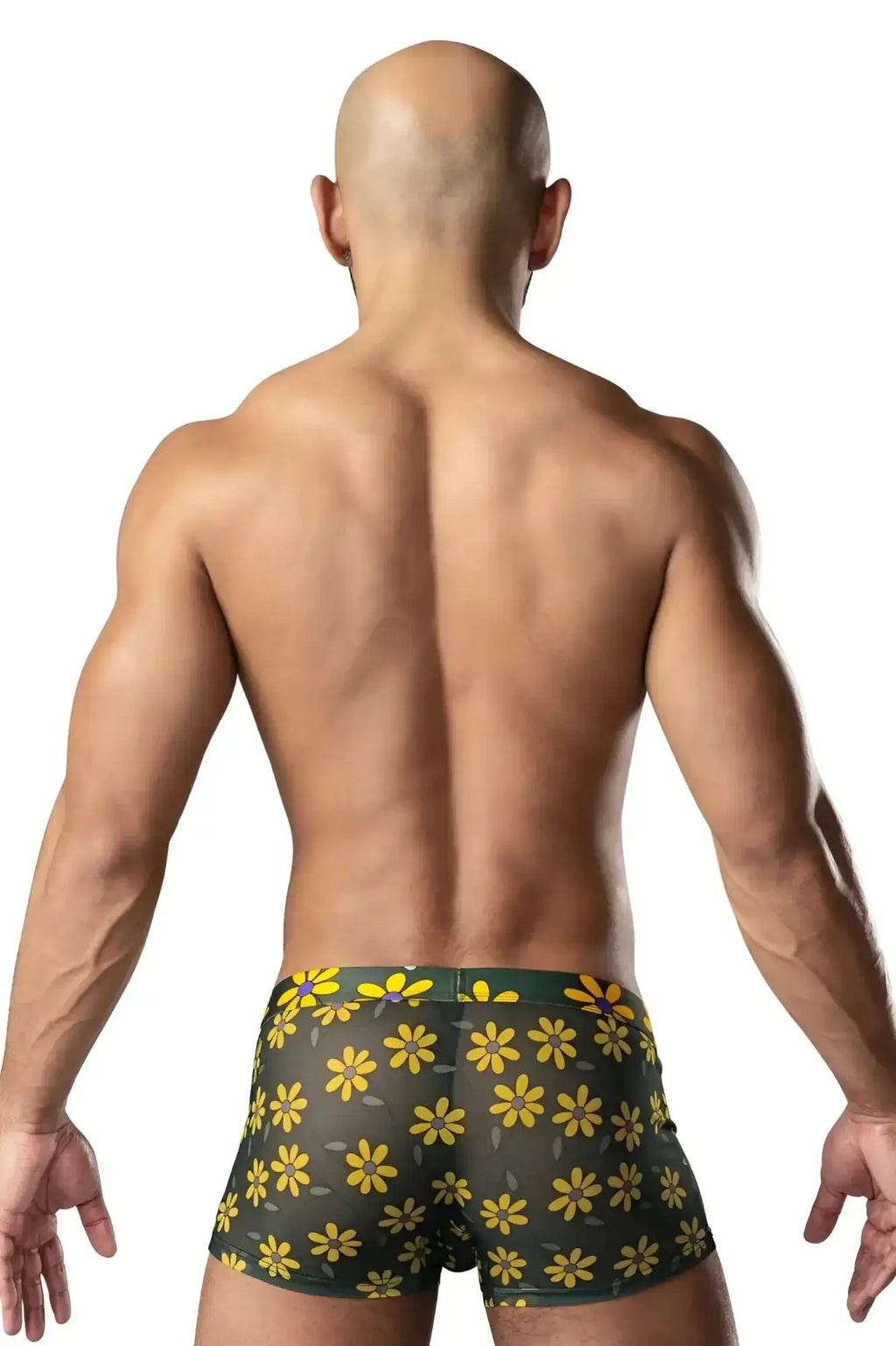Dark green male power 145-285 petal power boxer briefs with vibrant yellow daisy print pouch and floral design