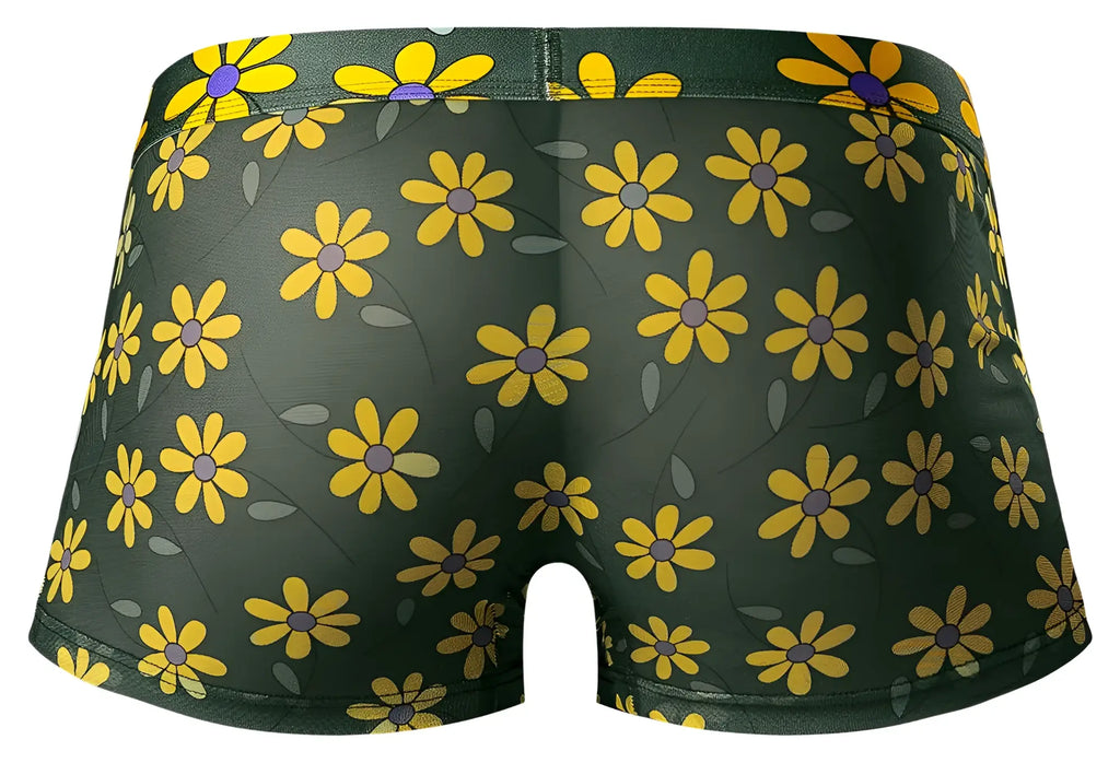 Male power dark green boxer briefs with yellow daisy print featuring purple centers and gray leaves petal power pouch short