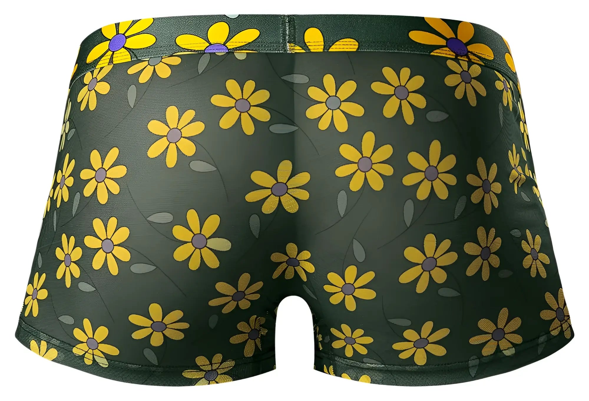 Male power dark green boxer briefs with yellow daisy print featuring purple centers and gray leaves petal power pouch short