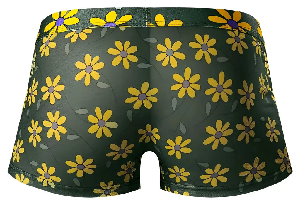 Male power dark green boxer briefs with yellow daisy print featuring purple centers and gray leaves petal power pouch short