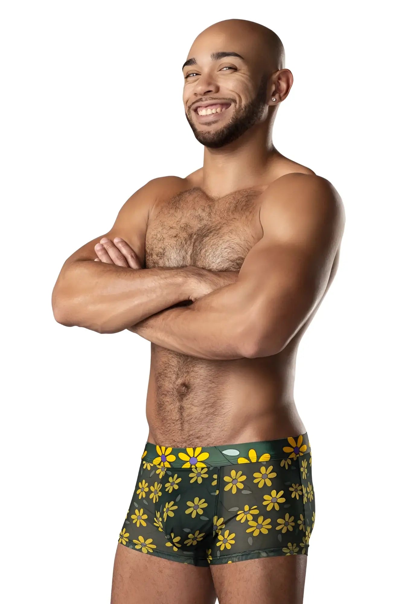 Male Power 145-285 Petal Power green briefs with vibrant yellow daisy print pouch short design