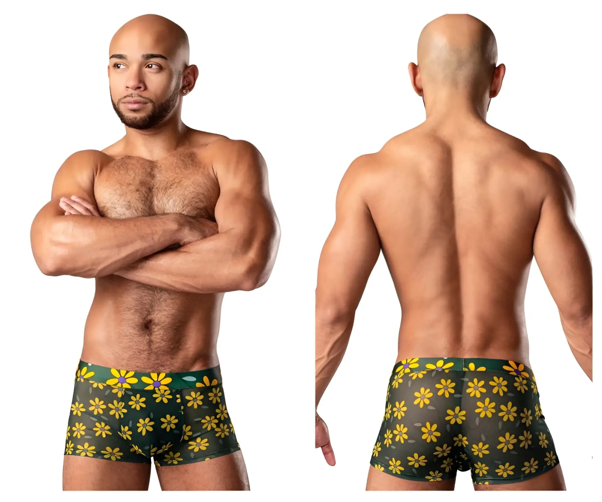 Green male power pouch boxer briefs with yellow daisy print featuring purple centers for comfortable wear