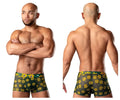 Green male power pouch boxer briefs with yellow daisy print featuring purple centers for comfortable wear