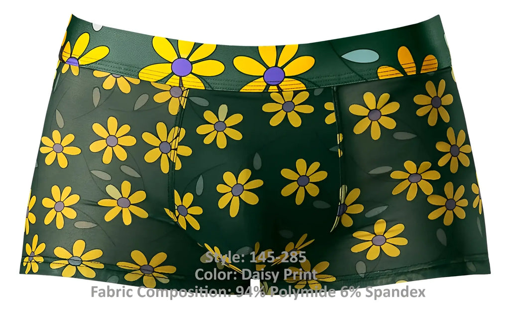 Male power 145-285 petal power pouch short in green briefs with vibrant yellow daisy print and gray leaf accents