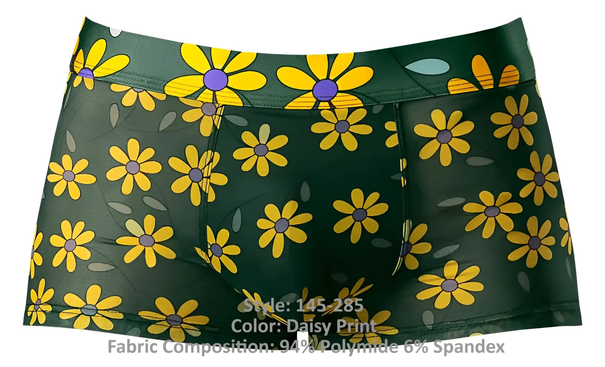 Male power 145-285 petal power pouch short in green briefs with vibrant yellow daisy print and gray leaf accents