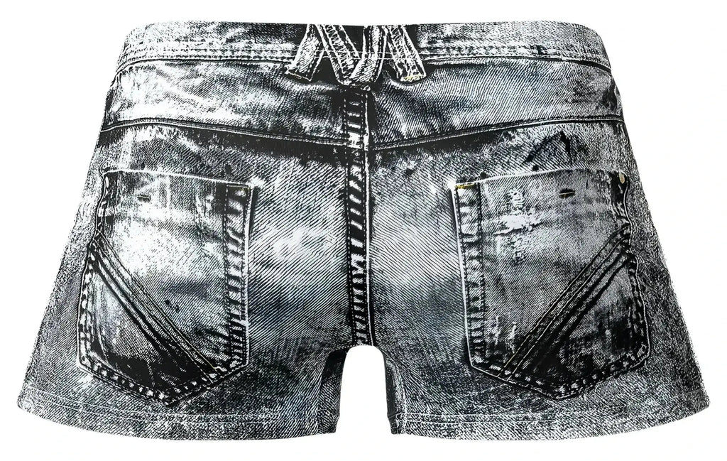 Distressed black and white denim shorts with a faded worn-in look from male power 145-286 dirty denim mini short