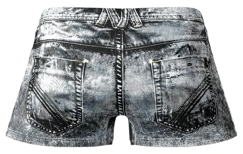 Distressed black and white denim shorts with a faded worn-in look from male power 145-286 dirty denim mini short