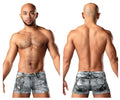 Distressed gray denim shorts with faded worn look and visible stitching details male power 145-286 dirty denim mini short