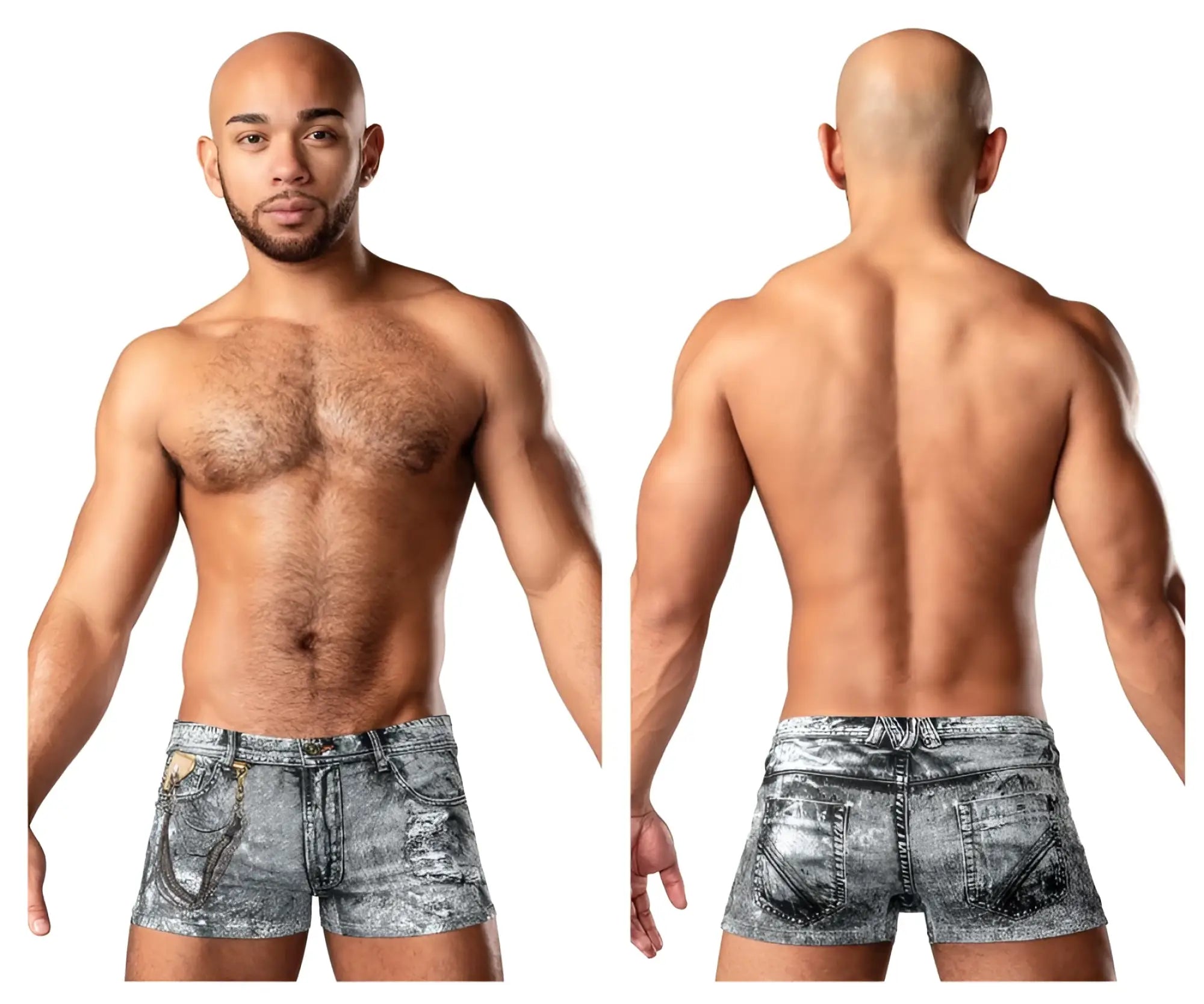 Distressed gray denim shorts with faded worn look and visible stitching details male power 145-286 dirty denim mini short