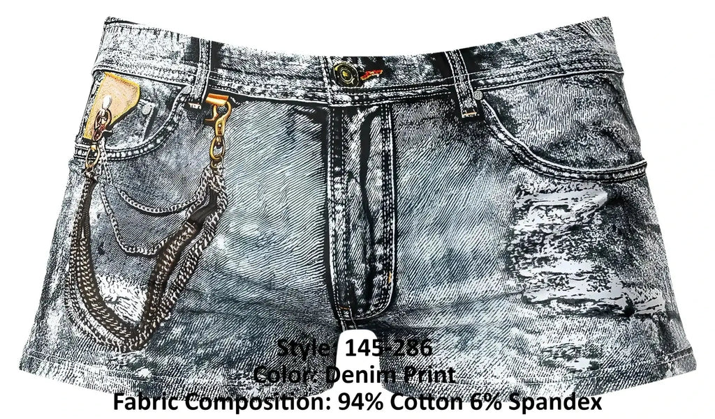 Male Power 145-286 dirty denim mini short with distressed faded gray wash, frayed edges, and side pocket chain accents