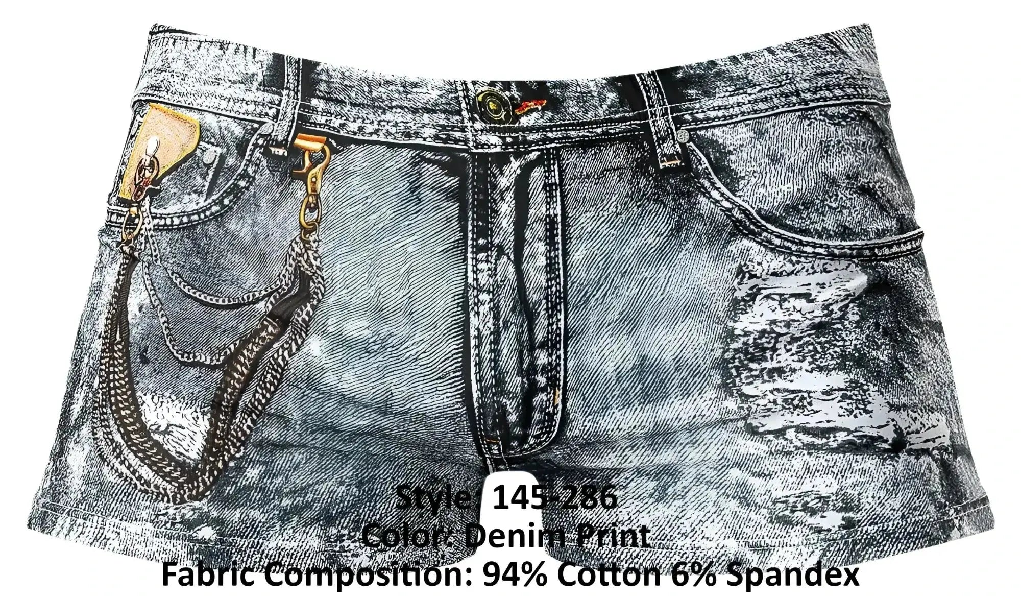 Male Power 145-286 dirty denim mini short with distressed faded gray wash, frayed edges, and side pocket chain accents