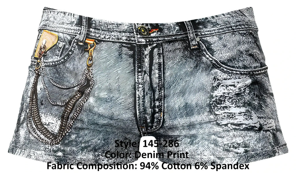 Male Power 145-286 dirty denim mini short with distressed faded gray wash, frayed edges, and side pocket chain accents