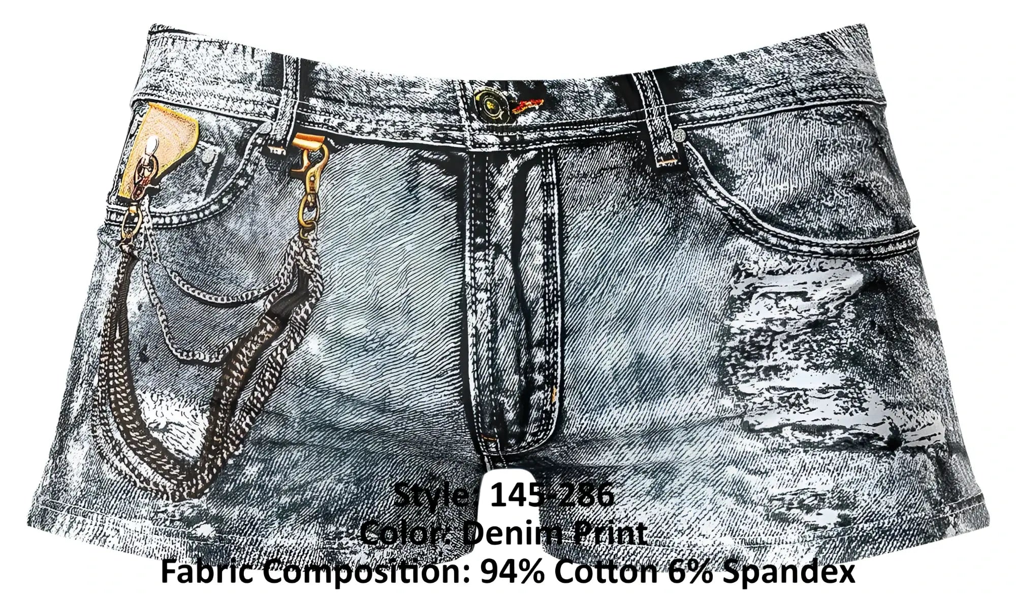 Male Power 145-286 dirty denim mini short with distressed faded gray wash, frayed edges, and side pocket chain accents