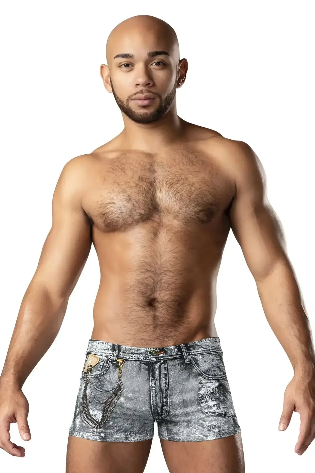 Male power 145-286 dirty denim mini short faded gray distressed denim shorts with decorative chain front pockets