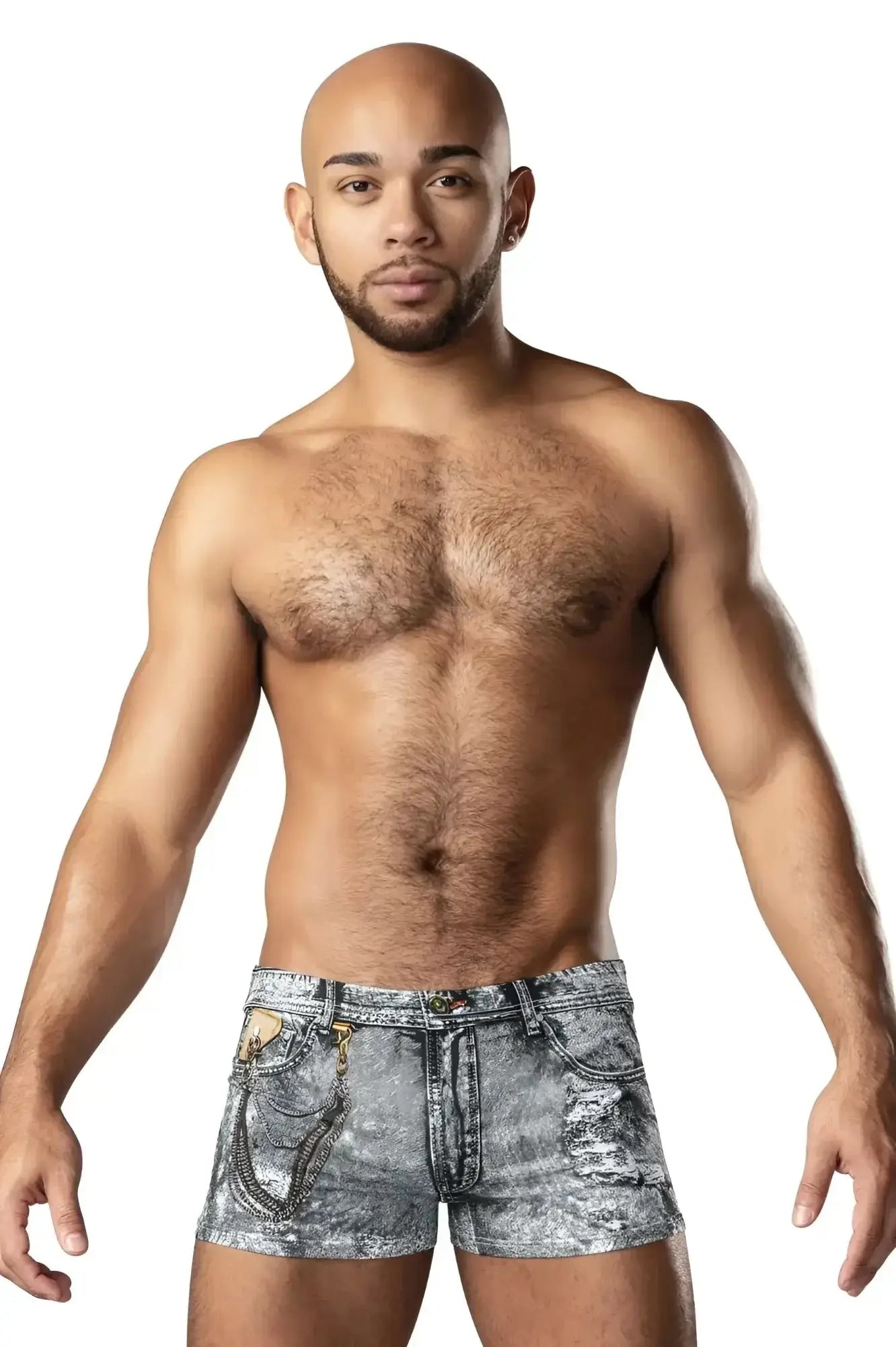 Male power 145-286 dirty denim mini short faded gray distressed denim shorts with decorative chain front pockets
