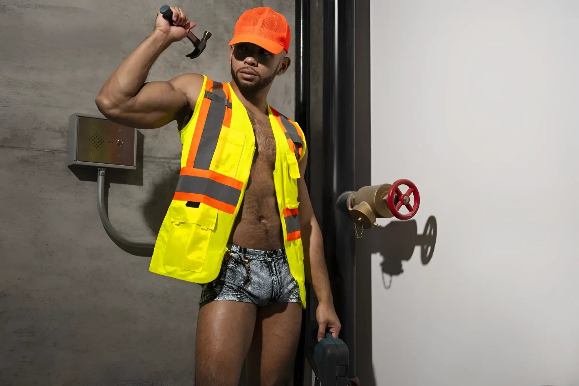 A muscular man wearing a bright yellow safety vest and orange hard hat with male power dirty denim mini shorts