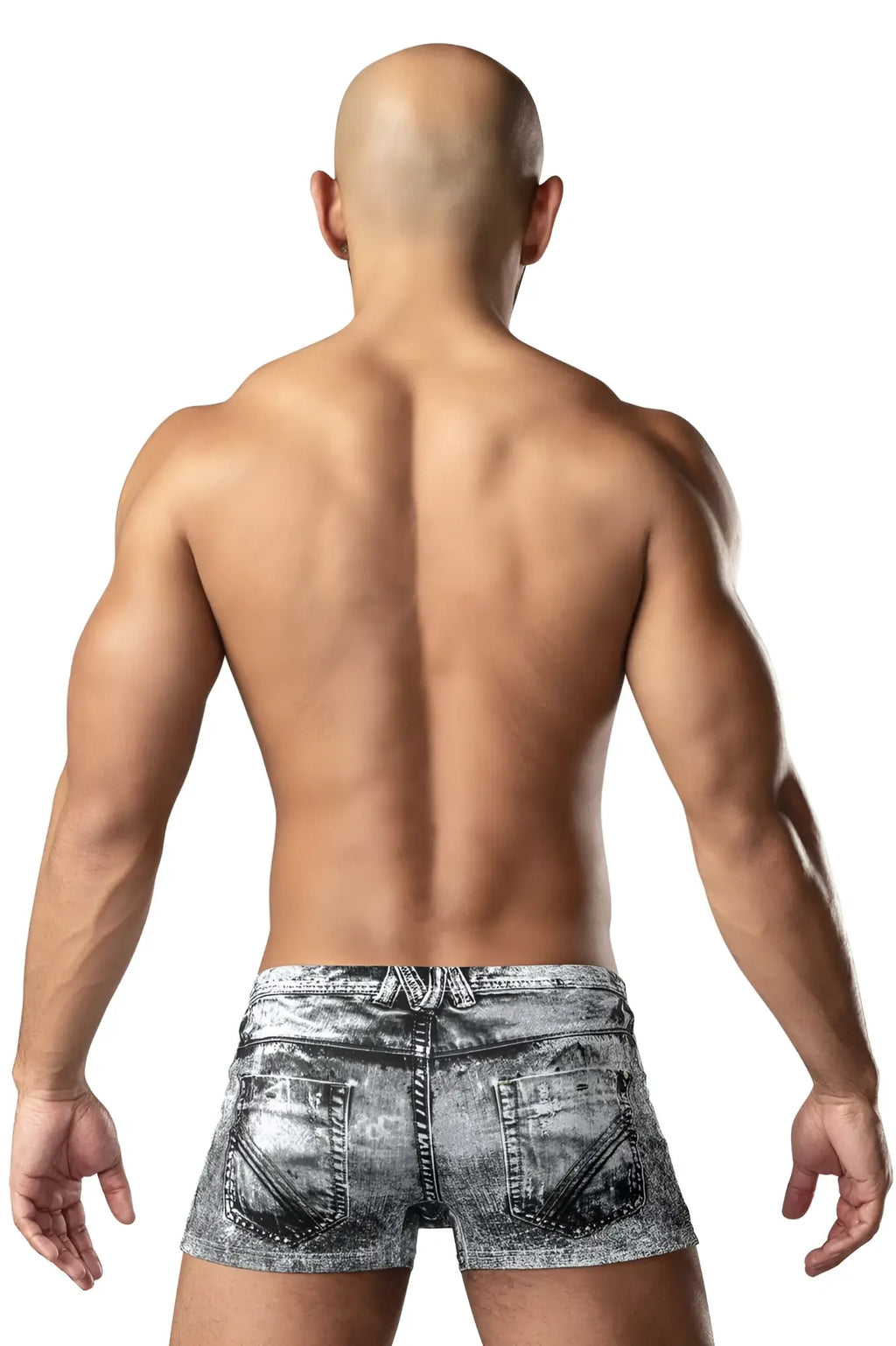 Male power 145-286 dirty denim mini short in faded gray and black distressed denim shown from the back side