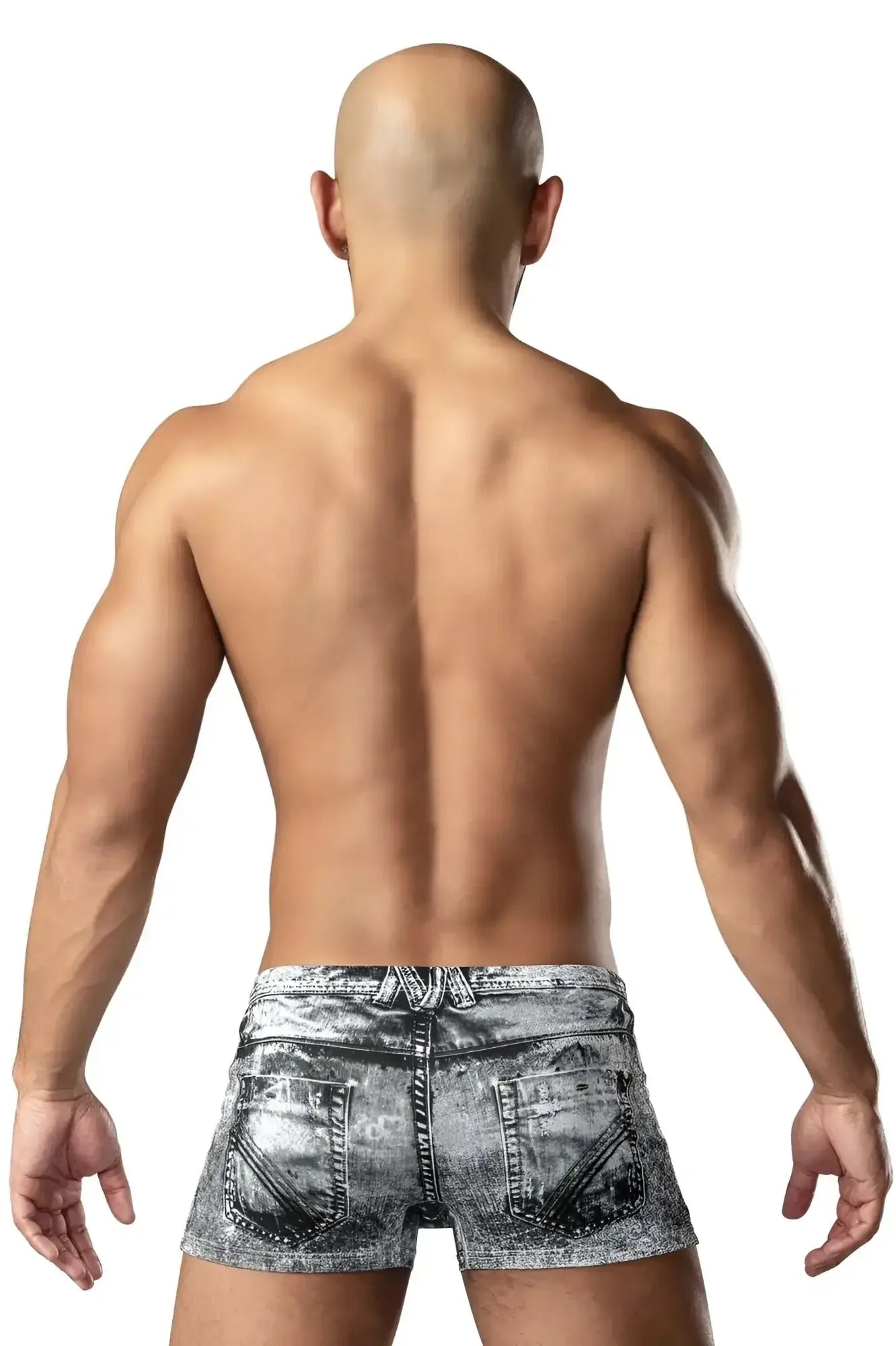 Male power 145-286 dirty denim mini short in faded gray and black distressed denim shown from the back side