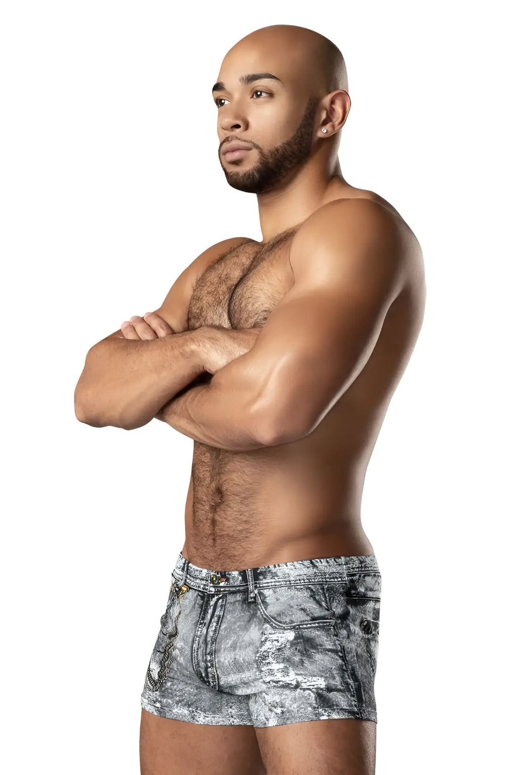 Male Power 145-286 dirty denim mini short in faded gray distressed denim with frayed hem and denim print color