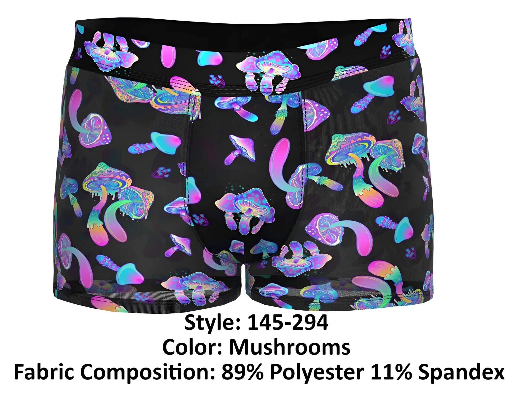 Black boxer briefs by male power with vibrant iridescent purple pink and teal mushroom pattern pouch short design